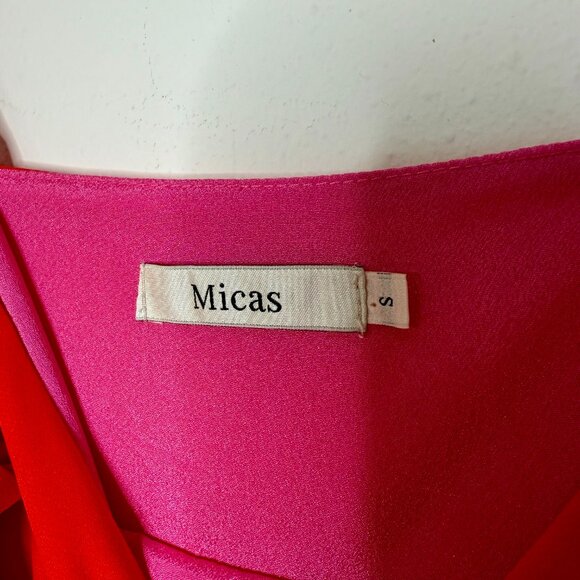 MICAS | Color Block Ruffle V-Neck Mini Two Tone Pink and Orange Dress - S - Picture 7 of 7